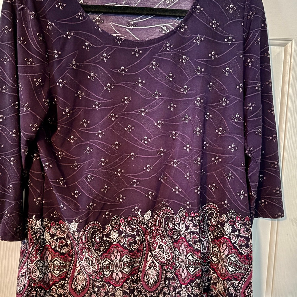 Croft & Barrow Petite Medium Purple Paisley Blouse 3/4 Sleeve Stretch